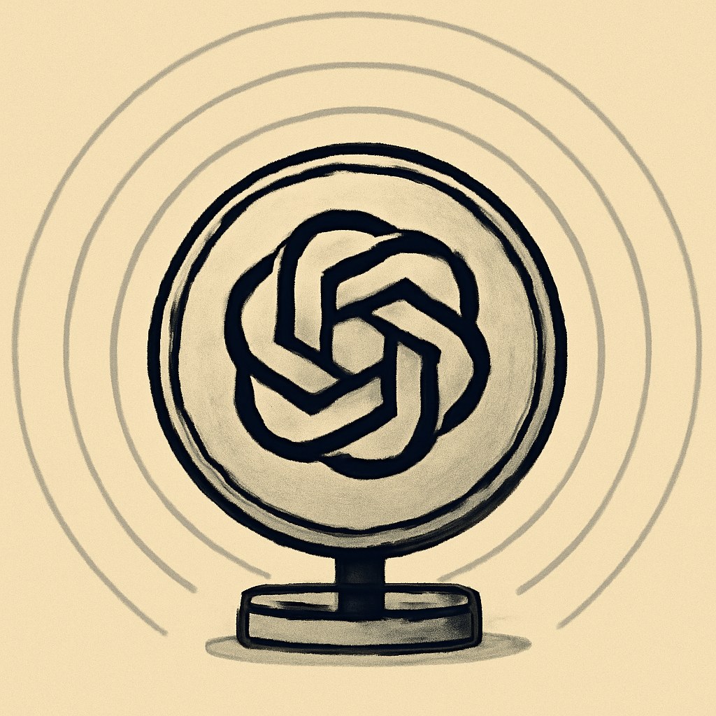 A round metal badge on a stand, flat cel style with a thick black outline. Behind it, shifted up and to the right, a pale see-through second copy of the same badge.